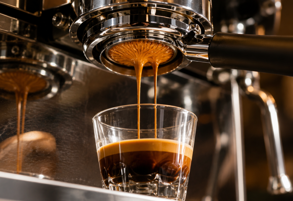 Espresso fließt von Siebträger Maschine