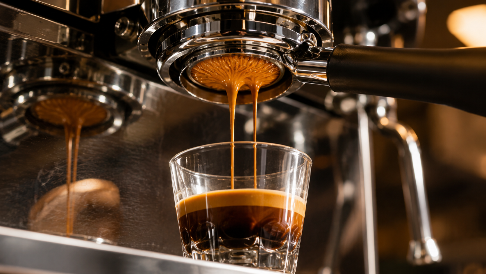Espresso fließt von Siebträger Maschine